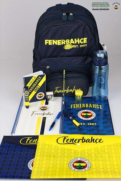 Fenerbahçe حقيبة مدرسية كبيرة الحجم مرخصة من DEKOMUS، حقيبة أقلام، دفاتر ملاحظات مقاس A4 قطعتين، زجاجة مياه 700 مل