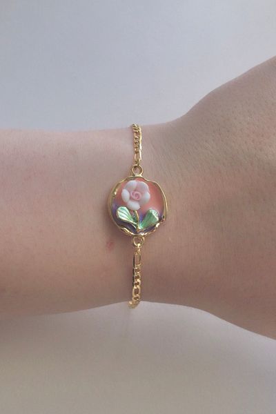 AurorAccessory Mineli Embroidered Figaro Chain Gold Pink Flower Bracelet 17+3 cm