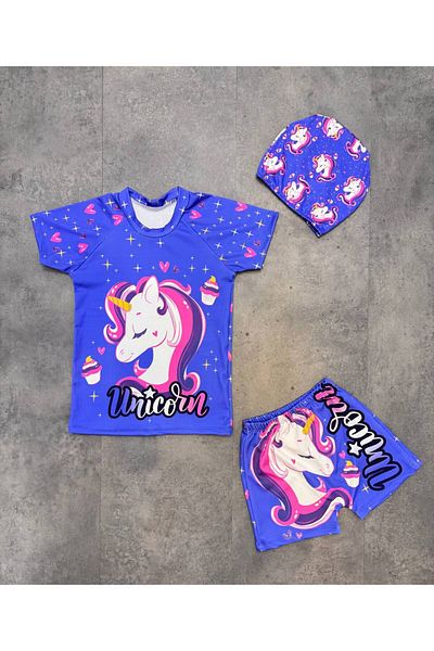 ARBİ kids Costum de baie din trei piese pentru fete unicorn cu pantaloni scurți