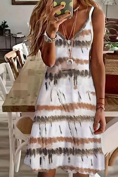 Mossta V-Neck Strap Patterned Single Jersey Dress - Brown