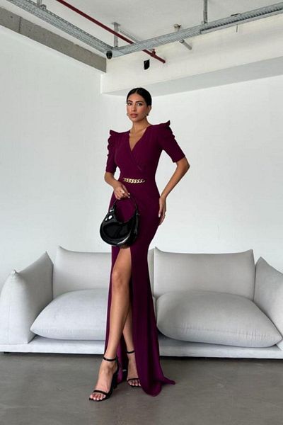 Mossta Double Breasted Collar Chain Belt Detailed Evening Dress - Plum