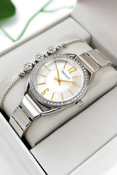 Ferrucci Steel Cord Steel Case Women Wrist Watch, 3 Atm Waterproof Silver Zmfer190