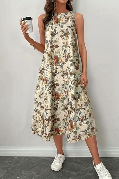 Mossta Sleeveless Round Neck Patterned Midi Dress - Patterned