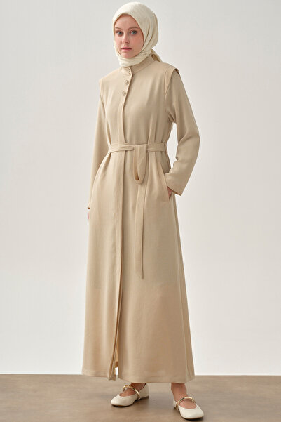 Tuğba Omuz Allerli Kuşaklı Ferace - Bej