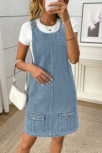 Mossta Pocket Detailed Strap Denim Dress - Blue