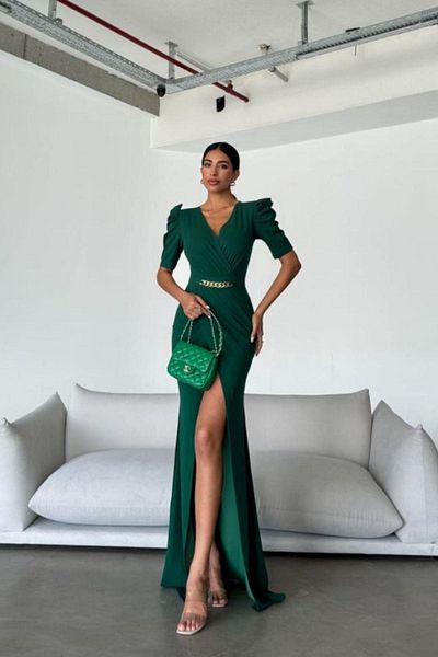 Mossta Double Breasted Collar Chain Belt Detailed Evening Dress - Green