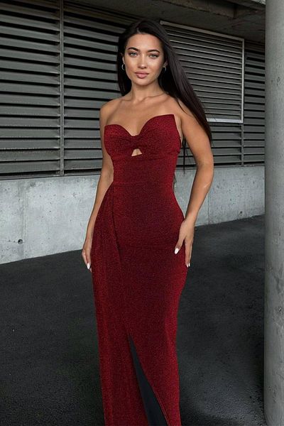 Mossta Strapless Bust Low-Cut Glitter Evening Dress - Burgundy