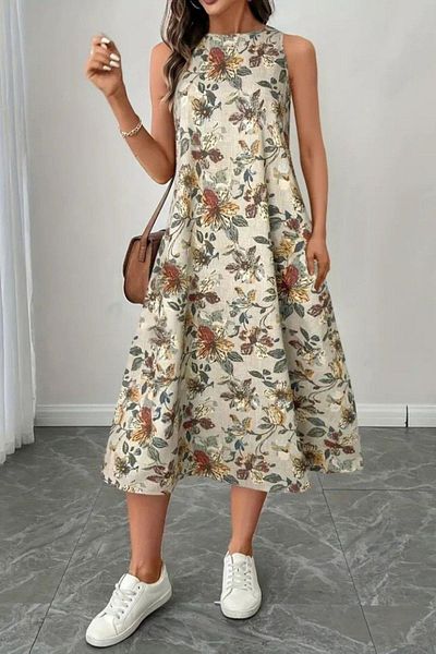 Mossta Sleeveless Round Neck Patterned Midi Dress - Patterned