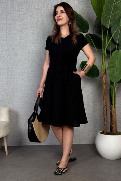 Mossta Short Sleeve Pocket Belted Linen Dress - Black