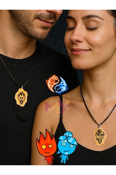 Myend Fire and Water Themed Couple Necklace, Set of 2 Dear Friend Necklaces Wooden Print