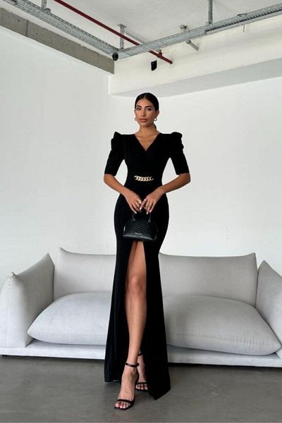 Mossta Double Breasted Collar Chain Belt Detailed Evening Dress - Black