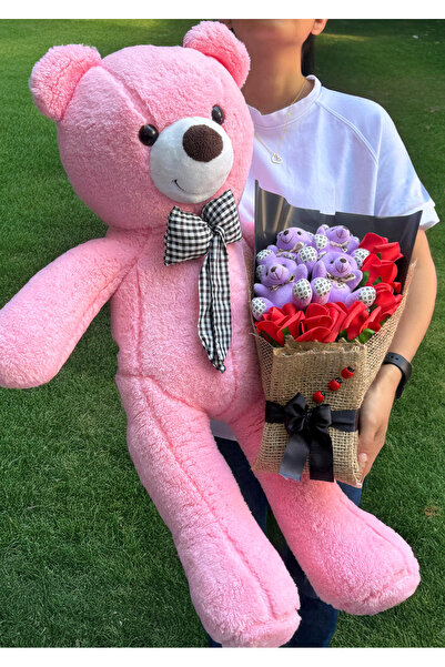 lenostra Sevgiliye Hediye 80cm Pembe Ayıcık ve Mor Ayıcıklı Kırmızı Güllü Ayı...