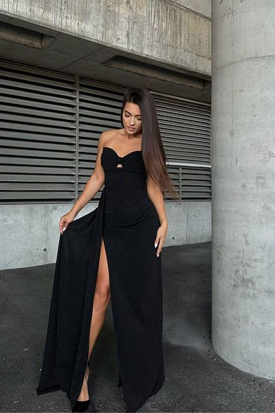 Mossta Strapless Bust Low-Cut Glitter Evening Dress - Black