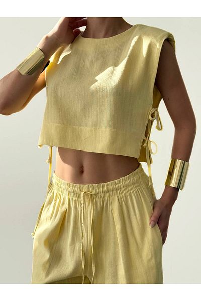 Melike Bakar Boutique Women's Yellow Side Lace-Up Crop Linen Blouse Pants Set