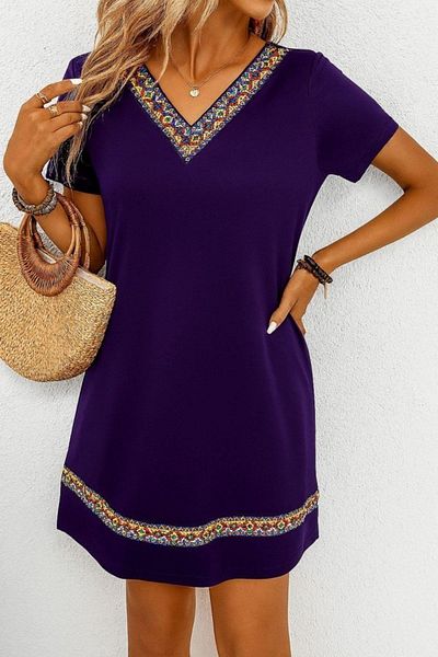 Mossta Ethnic Pattern Stripe Detailed Viscose Dress - Purple
