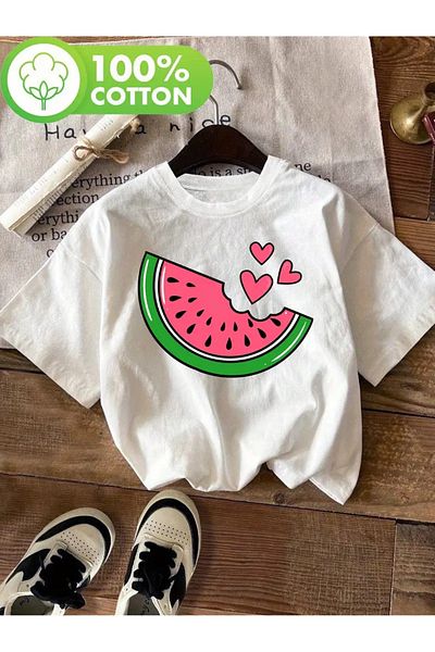 AEMİ Unisex Watermelon Watermelon Printed Oversize Crew Neck T-Shirt