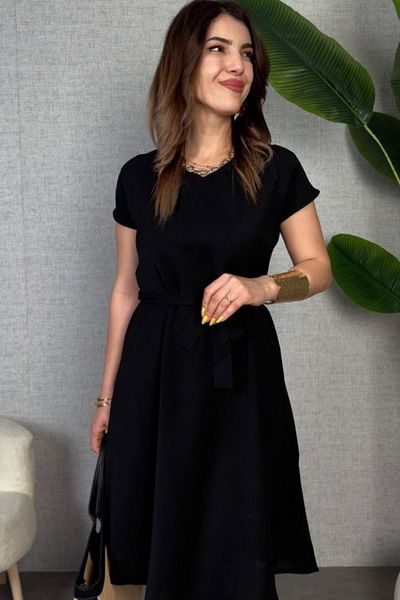 Mossta Short Sleeve Pocket Belted Linen Dress - Black