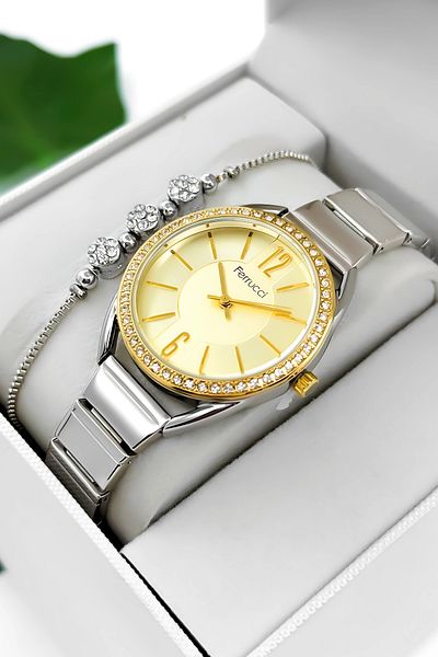 Ferrucci Steel Cord Steel Case Women's Wristwatch, 3 Atm Waterproof Silver-Gold Zmfer190