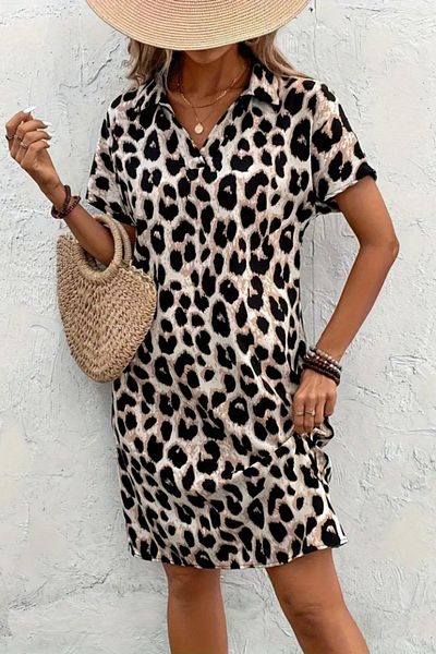 Mossta Polo Neck Patterned Atlas Dress - Leopard