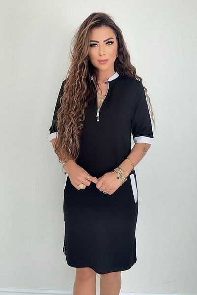 Mossta Viscose Dress with Zippered Collar Pocket - Black