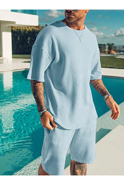 LAYORA "بدلة شورت رجالي كبيرة الحجم بلون موحد - طقم صيفي مكون من قطعتين باللون الأخضر"