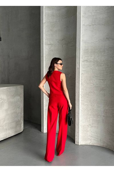 vesantia 2-Piece Women's Red Ribbon Buttoned Vest Blazer Suit