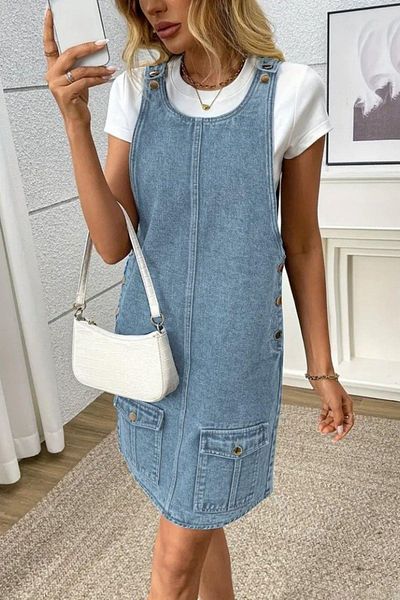 Mossta Pocket Detailed Strap Denim Dress - Blue