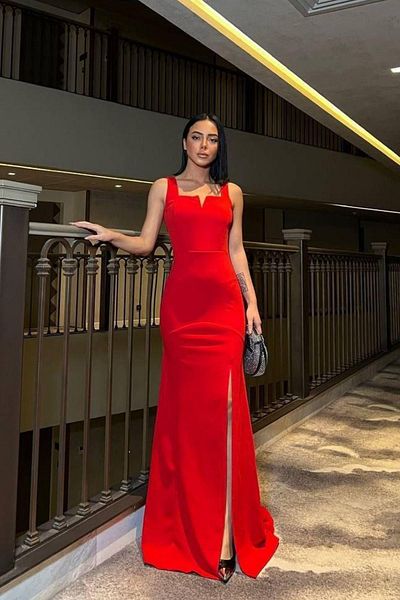 Mossta Strappy Neckline Detailed Slit Evening Dress - Red