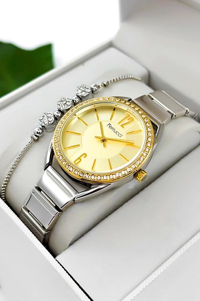 Ferrucci Steel Cord Steel Case Women's Wristwatch, 3 Atm Waterproof Silver-Gold Zmfer190