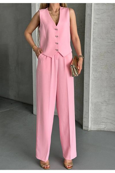 vesantia 2-Piece Women's Pink Ribbon Buttoned Vest Blazer Suit