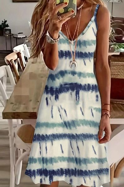 Mossta V-Neck Strap Patterned Single Jersey Dress - Blue
