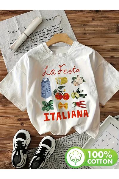 AEMİ Tricou oversize cu decolteu crew unisex La Festa Italiana imprimat