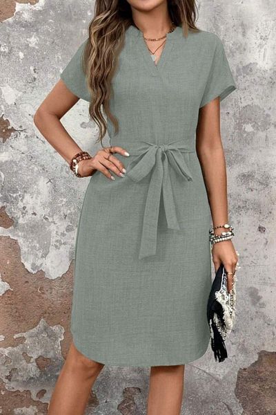 Mossta Short Sleeve Judge Collar Belted Dress - Green