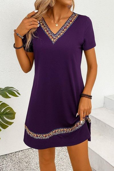 Mossta Ethnic Pattern Stripe Detailed Viscose Dress - Purple