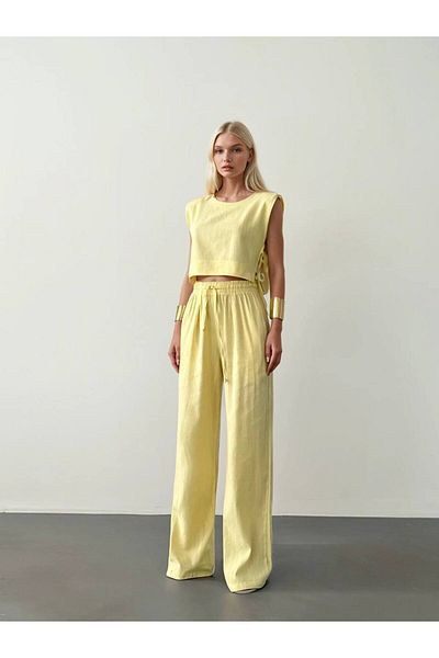 Melike Bakar Boutique Women's Yellow Side Lace-Up Crop Linen Blouse Pants Set