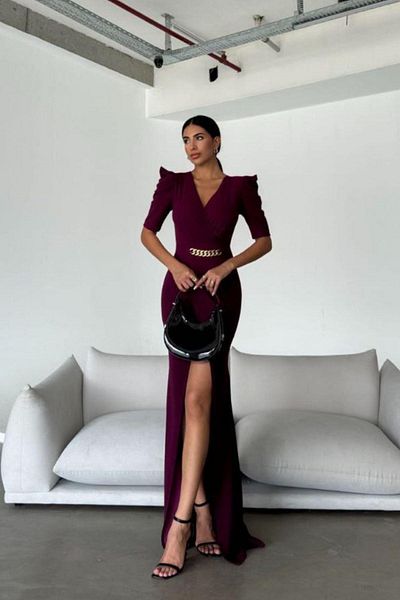 Mossta Double Breasted Collar Chain Belt Detailed Evening Dress - Plum