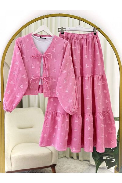 Modamorfo Muslin Set with Lace-Up Front and Embroidery Detail Skirt - Pink