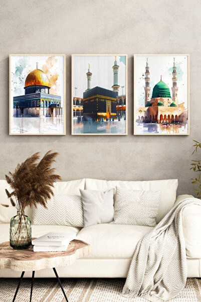 kutuTR Kudüs, Kâbe ve Mescid-i Nebevi Temalı 3’lü Çerçeveli Tablo Seti🌿 CRV1182