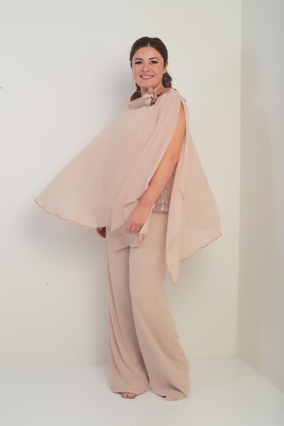 By Saygı Women's Collar Satin Cape Inside Pulp Sequin Sleeveless Blouse Palazzo Pants Lined Plus Size Chiffon 3-Piece