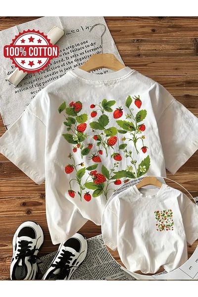 AEMİ Unisex Strawberry Printed Oversize Crew Neck T-Shirt