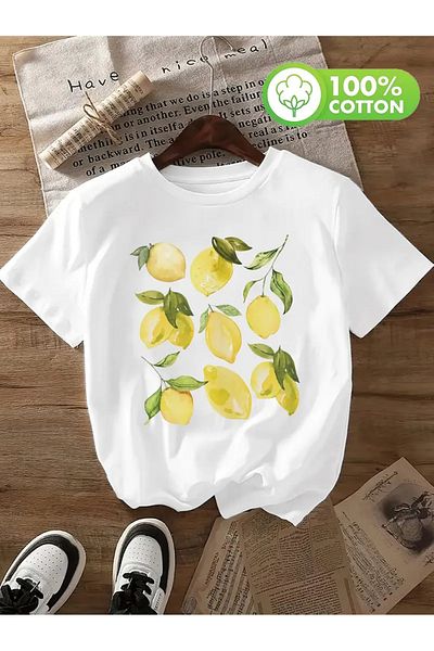 AEMİ Unisex Lemon Tree Printed Oversize Crew Neck T-Shirt
