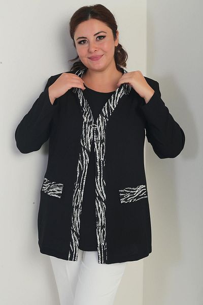 By Saygı Women's Sleeveless Lycra Blouse with Stripe Pattern on the Front Crepe Jacket Plus Size 2-Piece Set