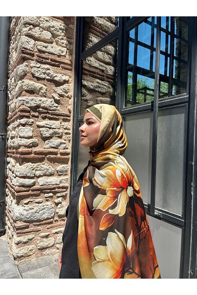 AMİNENESİL Aminenesil Bud Pattern Voile Soft Scarf Khaki Orange Color