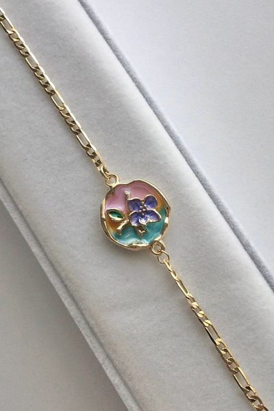 AurorAccessory Mineli Embroidered Figaro Gold Chain Purple Flower Art Bracelet 17+3 cm