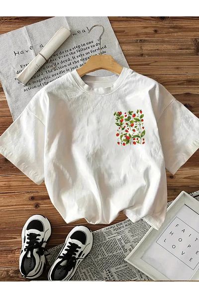 AEMİ Unisex Strawberry Printed Oversize Crew Neck T-Shirt