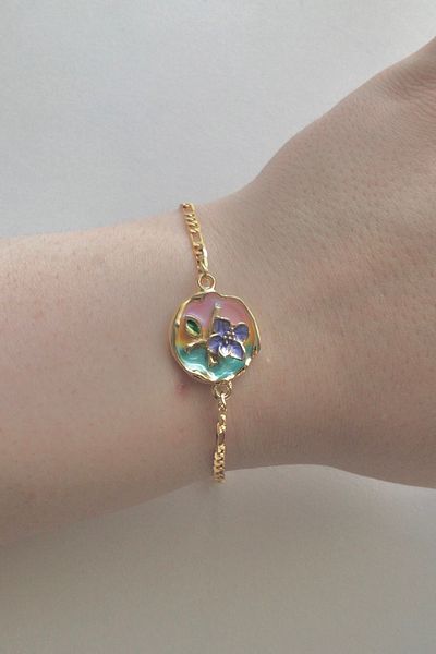AurorAccessory Mineli Embroidered Figaro Gold Chain Purple Flower Art Bracelet 17+3 cm