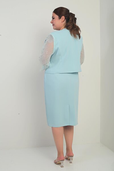 By Saygı Women's Double Breasted Lapel Waist Draped Dress Sleeves Tulle Jacket Lined Sequin Detail Plus Size 2-Piece Suit