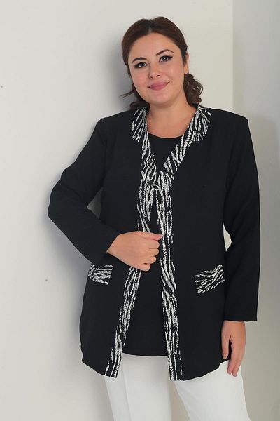 By Saygı Women's Sleeveless Lycra Blouse with Stripe Pattern on the Front Crepe Jacket Plus Size 2-Piece Set