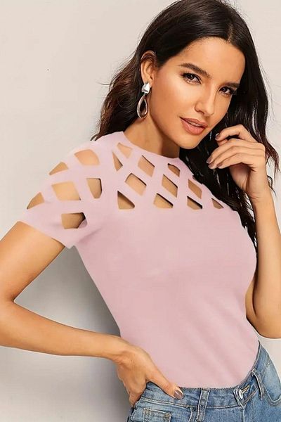 Mossta Laser Cut Detailed Short Sleeve Crepe Blouse - Pink