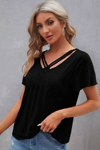 Mossta Short Sleeve Stripe Detailed Viscose Blouse - Black